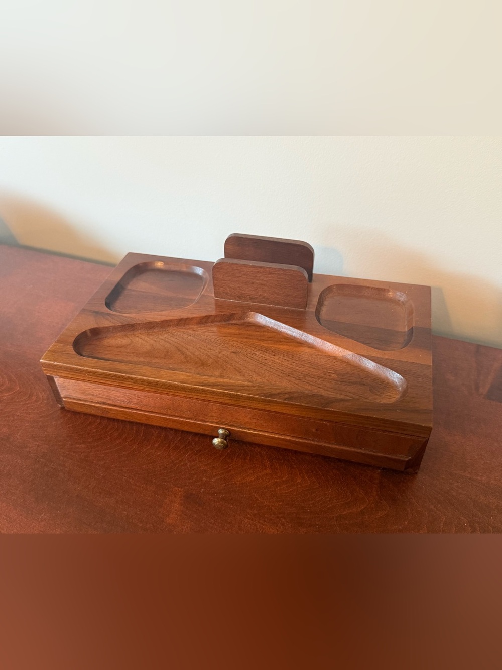 Vintage wooden valet desk organizer with velvet drawer